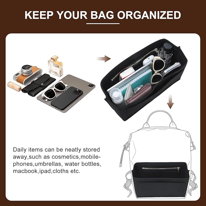 Doxo Backpack Organizer Insert for Longchamp Le Pliage L Backpack | Felt Material with 8 Compartments & YKK Zipper Pocket | Custom-Fit Longchamp Backpack Insert (LB, Black)