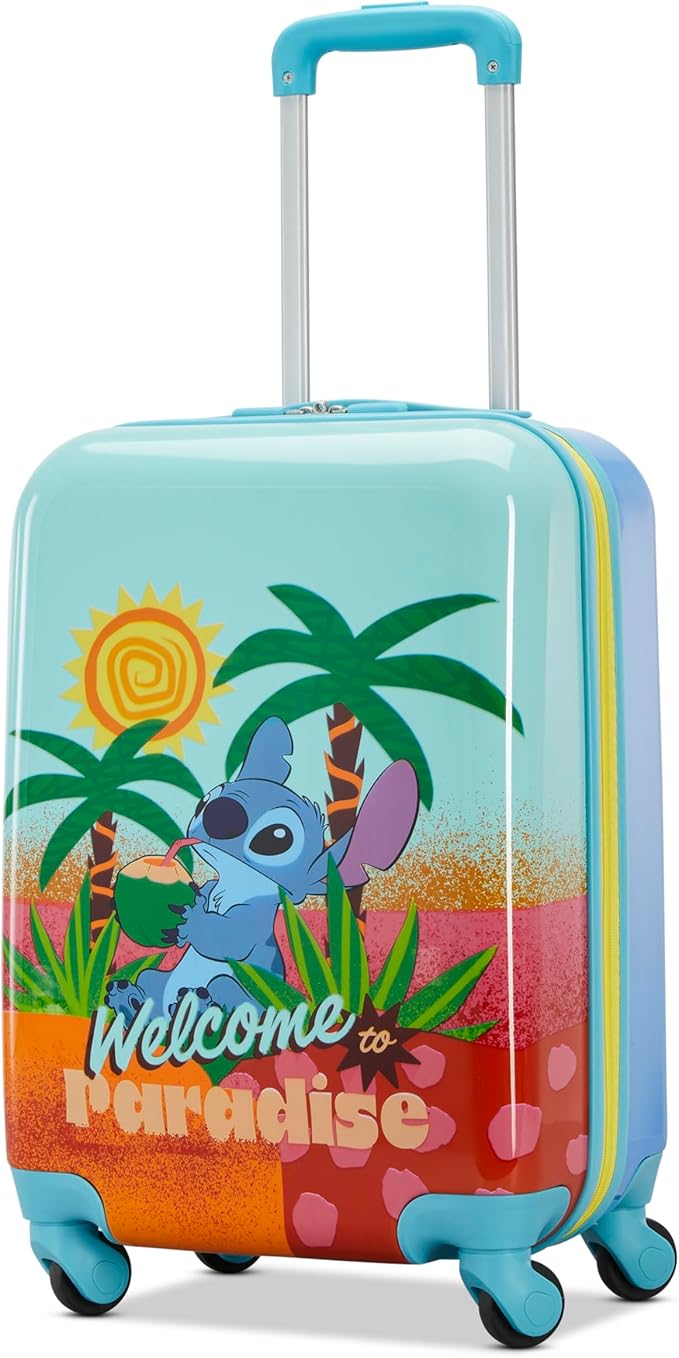 American Tourister Disney Stitch Carry-On Luggage - Airline Approved, Durable Hardshell - Roll Confidentially with Spinner Wheels & Colorful Adjustable Handle