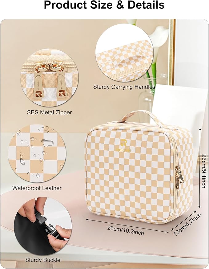 Relavel Travel Makeup Bag With LED Mirror, Cosmetic Train Case with Light up Mirror, Portable Makeup Artist Organizer Bag with Adjustable Dividers, Makeup Brush Holder Storage, Plaid