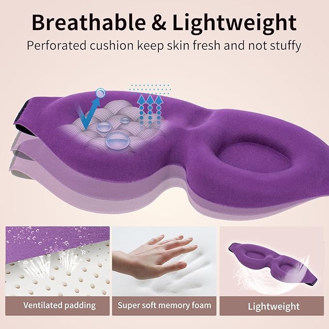 Sleep Mask, Blackout 3D Contoured Sleeping Eye Mask, Upgraded Eyelash Friendly Night Blindfold with Adjustable Strap, Lightweight Soft Eyeshade for Women Men, Concave Cup Eye Cover for Travel Nap