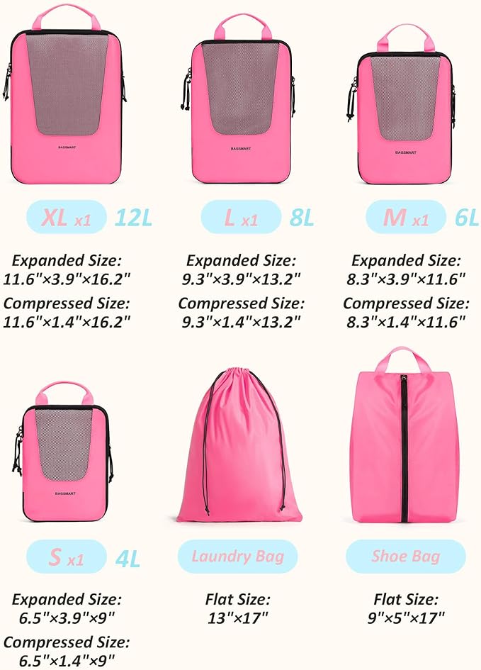 BAGSMART Compression Packing Cubes for Travel, 6/5/4set Lightweight Packing Organizers, Summer Travel Essentials Suitcase Organizer Bags Set