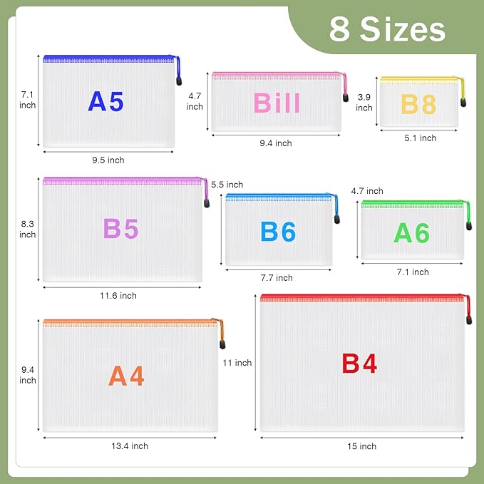 Smarpau 8pcs Zipper Pouch, 8 Sizes 8 Colors Plastic Zipper Bags for Organizing, Multipurpose Waterproof Zip Document Pouches for Office, Travel, Board Game Storage