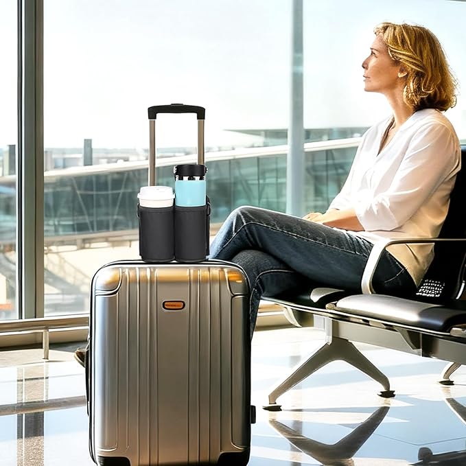 Desing Wish Luggage Cup Holder for Suitcases with Shoulder Strap Suitcase Cup Holder for Travel Luggage Drink Holder for Coffee Cups/Water Bottles/Soda Cans (Black)