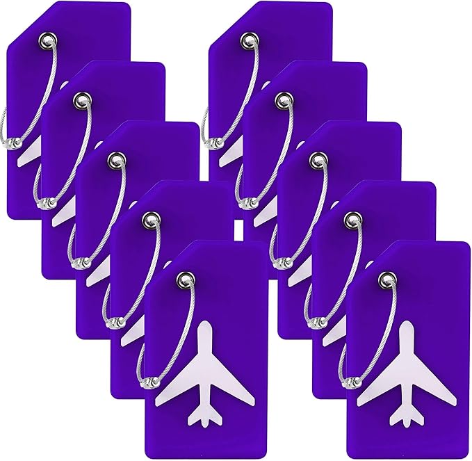 10 Pack Silicone Luggage Tag for Suitcases with Stainless Loop, TSA Approved, Privacy Protection Travel Essentials Bag Tags by Gostwo, Purple