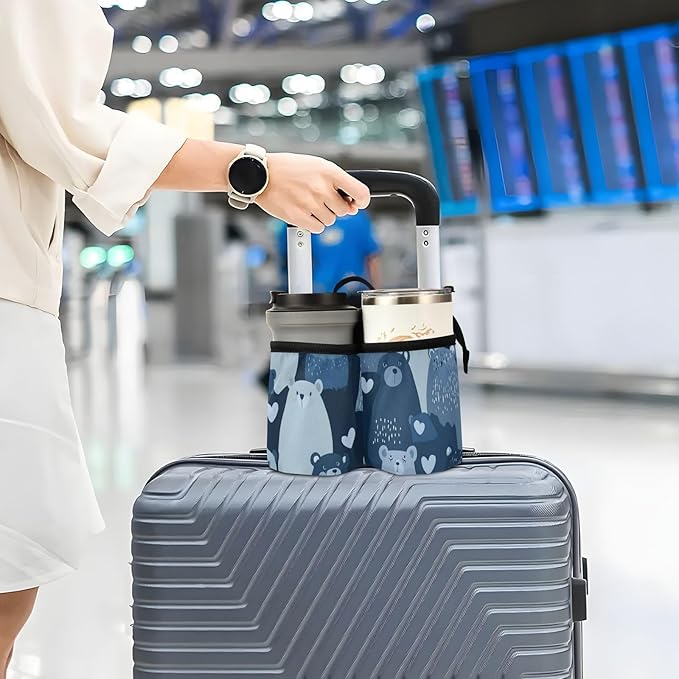 Luggage Cup Holder for Suitcases Free Hands Travel Cup Holder Portable Suitcase Cup Drink Holder Luggage Cup Caddy Bag Carrier Blue Bears and Hearts