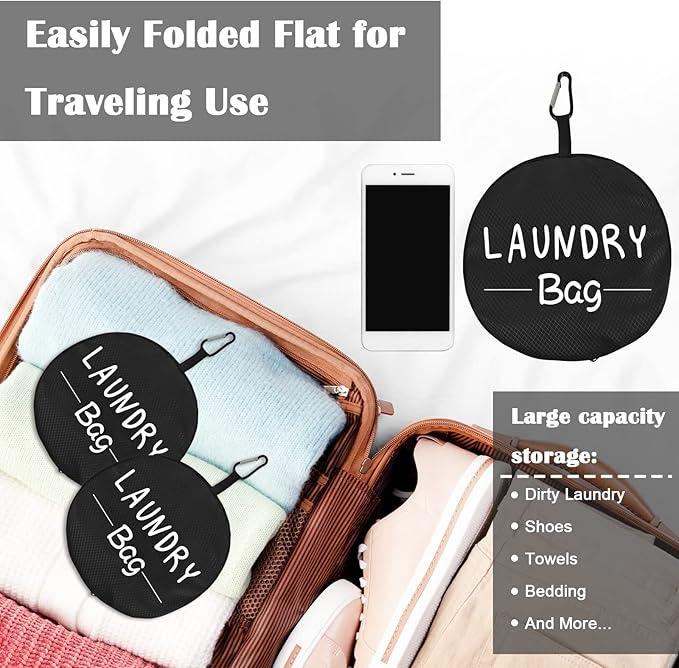 Sylfairy 2 Pack XL Laundry Bag with Strap,Heavy Duty Travel Laundry Bag,Rip-Stop Dirty Clothes Shoulder Bag with Drawstring,Easy Fit a Laundry Hamper or Basket Travel Essentials (Black)