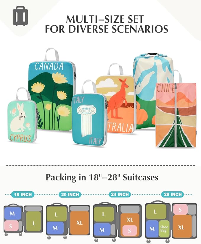 Gonex Compression Packing Cubes, 6pcs Expandable Storage Travel Luggage Bags Organizers with Shoe Bag Laundry Bag, Travel Cubes for Suitcase Carry On (Global Symbols)