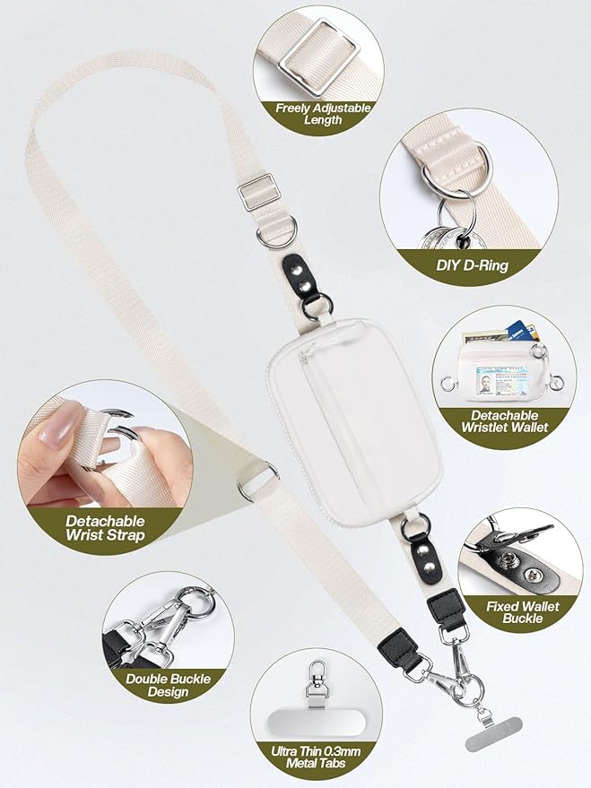 Tiostep Clip and Go Strap for Phone with Wallet Crossbody Phone Lanyard Adjustable and Detachable RFID Wristlet Wallet with ID Window and Zipper, Cream(L)