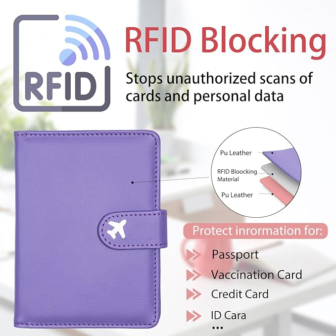 Passport Holder, Travel Wallet Cover with Pen Loop | Cute RFID Blocking Leather Case with Magnetic Closure for Travel Essentials-Purple