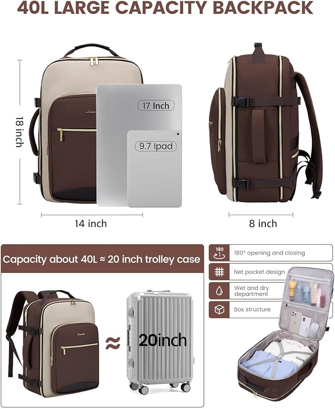 LOVEVOOK 40L Travel Backpack for Women & Men, Airline Approved Carry On Luggage with 3 Packing Cubes, TSA Overnight Bags, Waterproof Personal Item Bag, Weekender Essentials Backpacks fits 17" Laptop