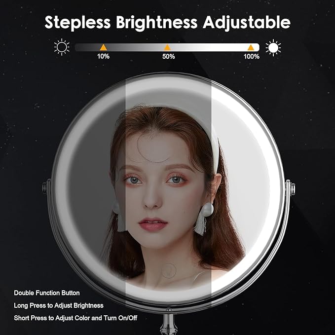 DEIOVWXS Makeup Mirror, 3000mAh Rechargeable Double-Sided Magnifying Vanity Mirror with 3 Colors, 1X/10X, 360° Rotation, Adjustable Brightness, Gifts for Mom, Women,Wife, Girls, Dorm Room Essential