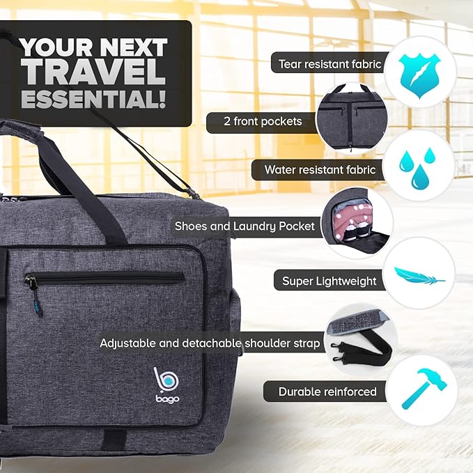 Bago Medium Duffle Bag for Travel Women & Men. Durable Lightweight Foldable Travel Duffel Bags For Traveling Women. 60L Duffle Bags For Overnight Bag With Shoe Compartment Collapsible Weekender duffel