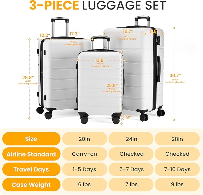 HealSmart Hardside Carry-On Luggage, Expandable Portable Hardshell Luggage with Spinner Wheels, Lightweight Suitcase TSA Lock, 28 Inch, White