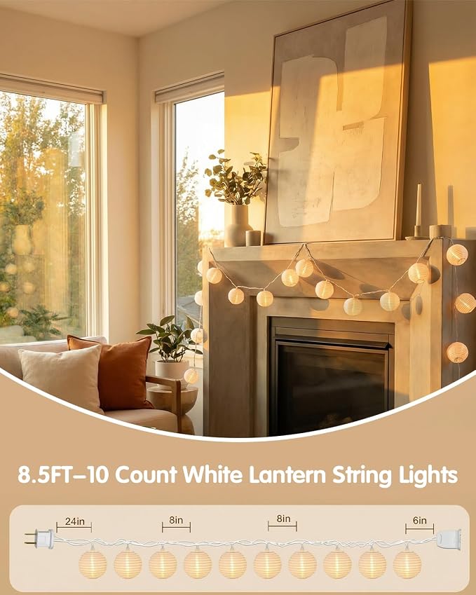 SUNSGNE 8.5Ft Cute White Lantern String Lights, 10 Mini LED Oriental Style White Lanterns Plug in Home & Garden Decorative Lights for Indoor Outdoor Patio Party Wedding Bedroom Bistro Bar