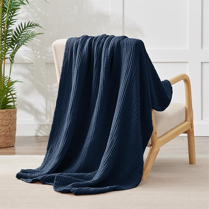 100% Cotton Muslin Blanket 50" x 60", Breathable and Lightweight Cotton Throw Blankets for Couch, Soft Cooling Summer Gauze Blanket for Adults All Season, Navy Blue