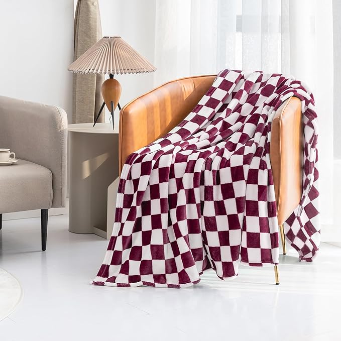 LOMAO Throw Blankets Flannel Blanket with Checkerboard Grid Pattern Soft Throw Blanket for Couch, Bed, Sofa Luxurious Warm and Cozy for All Seasons (Burgundy, 60"x80")