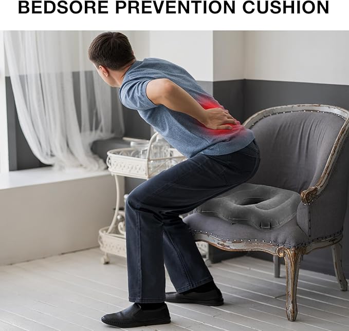 Leinuosen 1 Pcs Inflatable Seat Cushion 18.1'' x 15.7'' x 4.7'' Portable Lift Donut Pillow Height Adjustable Hemorrhoid Pillow for Tailbone Back Pain Bed Sore Home Car Chair Wheelchair Sitting (Grey)