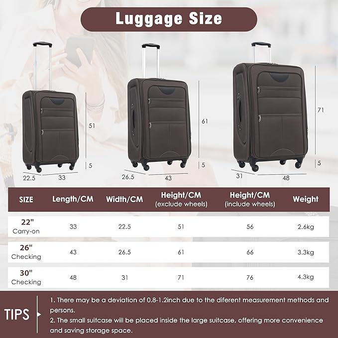 Brown 5 Piece Softside Luggage Sets, Expandable Lightweight Suitcase Sets Double Softshell Spinner Wheels Travel Luggage Set for Women and Men