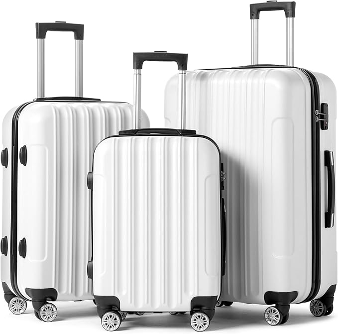 Karl home Luggage Set of 3 Hardside Carry on Suitcase Sets with Spinner Wheels & TSA lock, Portable Lightweight ABS Luggages for Travel, Business - White(20/24/28)