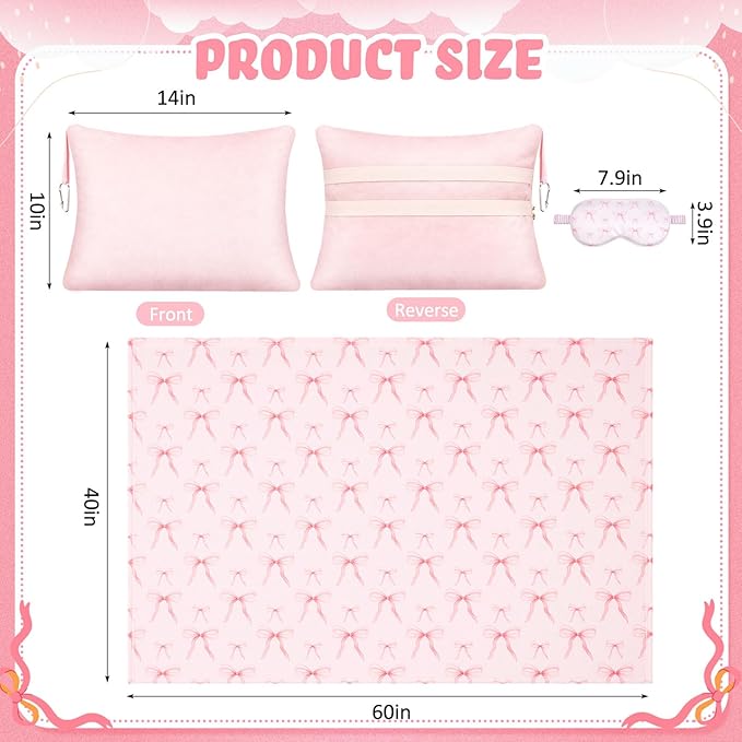 3 Pcs Travel Airplane Blanket Gift Set for Women 40 x 60 Pink Bow Throw Blanket, Eye Mask and Storage Bag with Hand Luggage Sleeve Comfort and Self Care Essentials for Flying Train and Road Trip