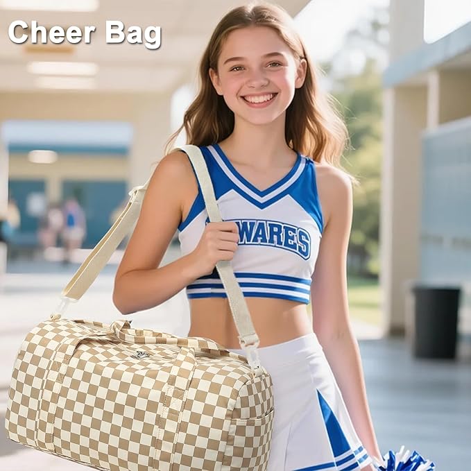 LEDAOU Duffle Bag Girls Kids Cute Dance Bag with Shoe Compartment Gym Bag with Wet Pocket Sports Overnight Travel Workout Bag (Checkered Brown-White)