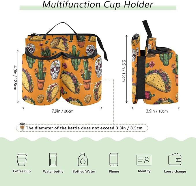 Luggage Cup Holder for Suitcases Free Hands Travel Cup Holder Portable Suitcase Cup Drink Holder Luggage Cup Caddy Bag Carrier Orange Mexico Tacos Chilis Skulls