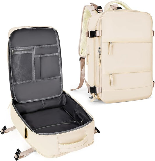 coowoz Large Casual Travel Backpack For Women Men,Carry On Rucksack Flight Approved,Hiking Waterproof Outdoor Sports Daypack Fit 15.6 Inch Laptop Shoes Compartment (Beige)