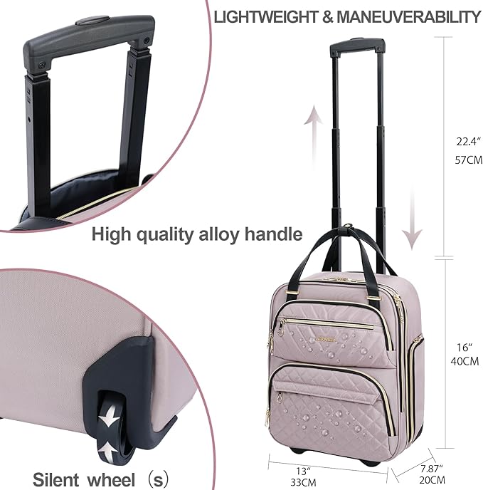 KROSER Carry On Underseat Multi-functional, 16-inch Underseater Lightweight Overnight Suitcase for Women, Dusty Pink/Gold