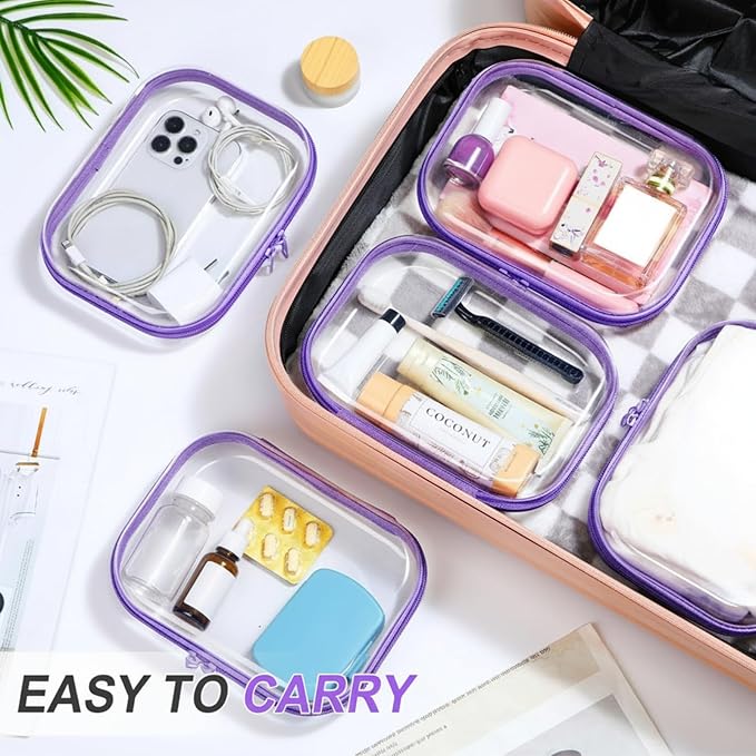 Sanwuta 6 Pcs Clear Hard Zipper Case Plastic Zipper Pouches Transparent Makeup Bag Pencil Case Pouches Toiletry Diaper Bag for Travel Toy Storage Organizer Bins(Purple,7.87 x 5.9 x 2 Inch)