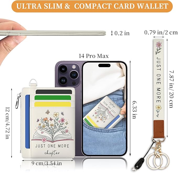 Hancynir Book Lover Floral Flower Slim Wallet Women Credit Card Holder, RFID Blocking Front Pocket Wallet Wristlet Keychain Lanyard, Small Cute Mini Card Case, Thin Travel Zipper Coin PU Leather Gifts