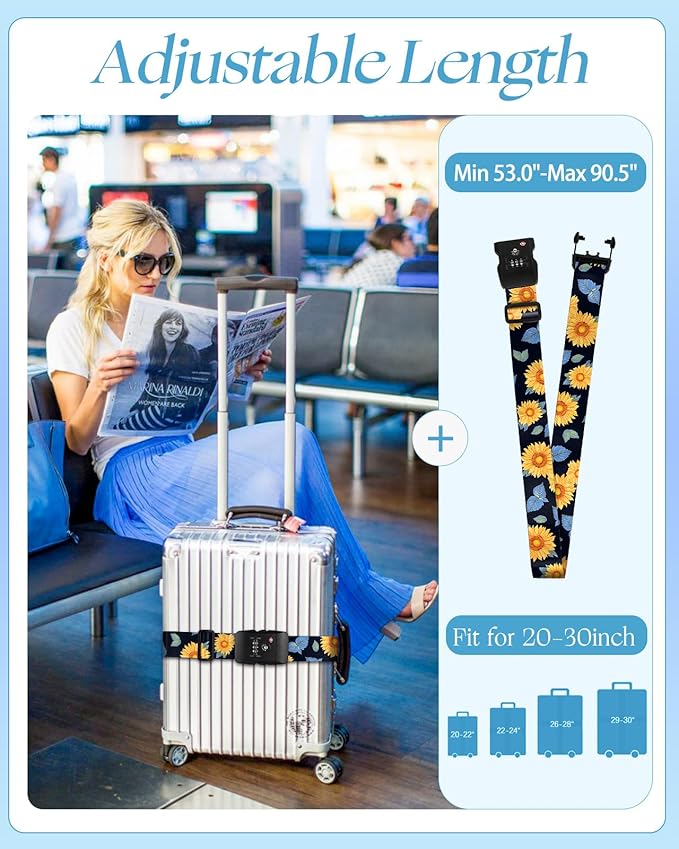 Slohif Luggage Straps TSA Lock for Suitcases - Travel Belt TSA Approved Accessories Luggage Identifiers Carry On Bag with Buckle Nylon Adjustable Band for Add a Bag Sunflower
