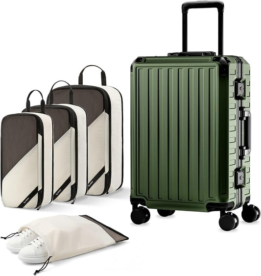 LUGGEX Carry On Luggage with Spinner Wheels, 8010S Aluminum Frame Zipperless Polycarbonate Hard Shell Suitcase with Packing Cubes and Shoe Bag (ZX-Core, Green, 21 Inch)