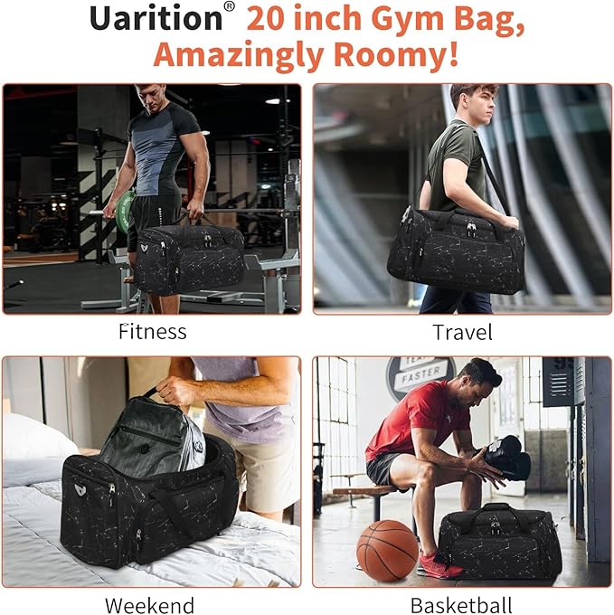 Men's Large Duffle Bag, 55L Heavy Duty Gym Bag for Sports, Workout, and Travel - Durable Duffel Gear Bag in Marble Black