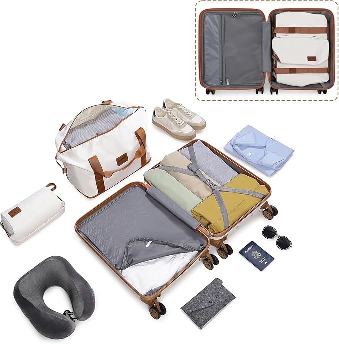 Kono Suitcase Set 3 Piece Carry On Lightweight PC+ABS Hardside Luggage with TSA Lock Spinner Wheels (Cream White, 20in)
