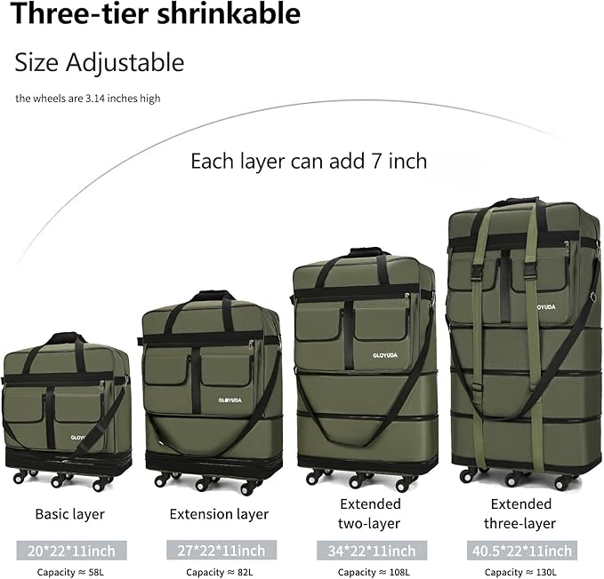 130L Expandable Luggage, 40 Inch Suitcase with Wheels, Collapsible Luggage with Wheels, Rolling Duffle Bag with wheels, Foldable Suitcasewith2Handle Wrap 2Fixing Straps 1Shoulder Strap (Green)