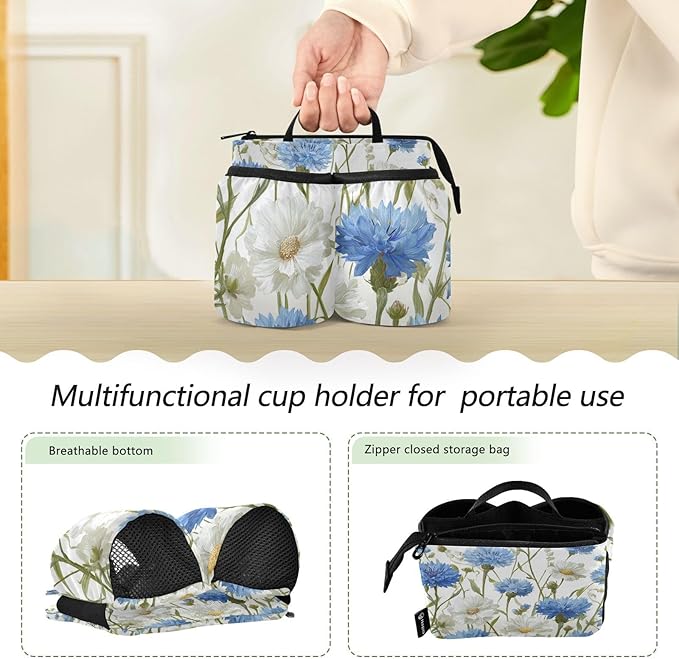 Blue Cornflowers Butterfly White Daisy Luggage Cup Holder Travel Portable Free Hand Drink Carrier Suitcase Drinks Beverage Holder Carry-On Bottle Mug Holder Organizer Bag Travelers Accessories