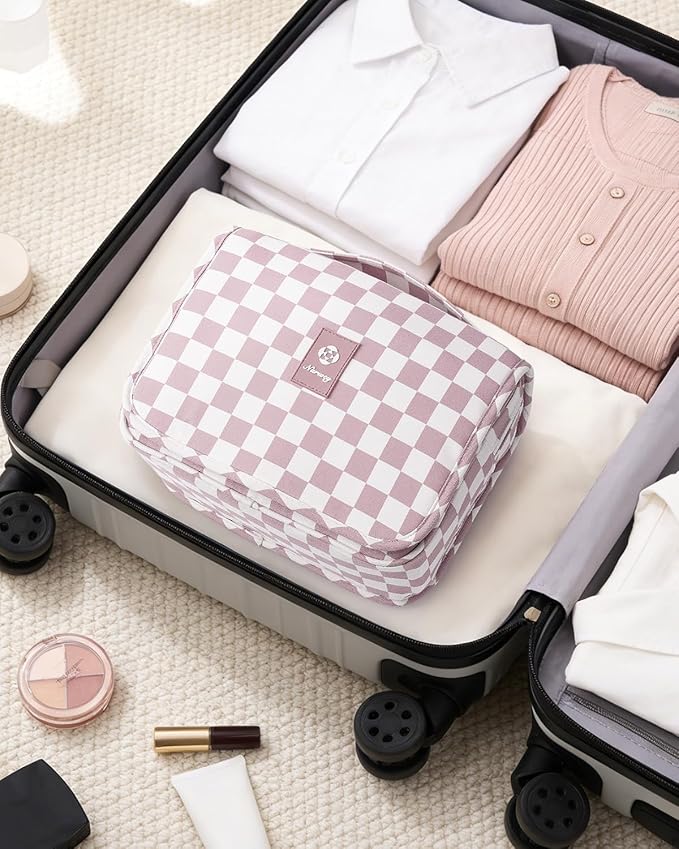 Narwey Small Hanging Travel Toiletry Bag for Traveling Women, Checkered Travel Bag for Toiletries, Makeup Bag Organizer Make Up Cosmetic Bags (Dusty Pink Checkerboard)