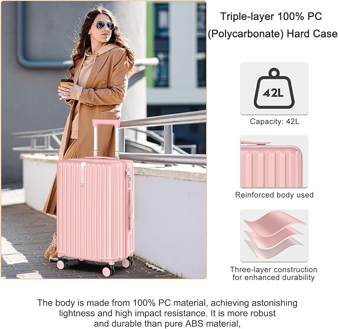 20 Inch Carry On Luggage 22x14x9 Airline Approved, PC Lightweight luggage with Spinner Wheels, 20 Inch Hardside Travel Luggage Bag with TSA Lock Rolling suitcase for Women