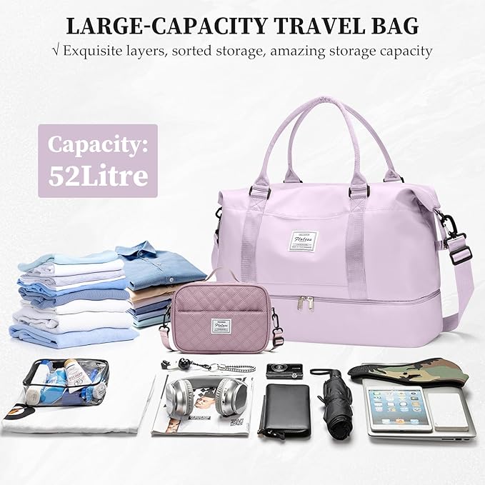 Weekender Bags for Women,Carry On Overnight Travel Duffel Personal Item Bag with Shoes Compartment & Grid Toiletry Bag,Large,Purple