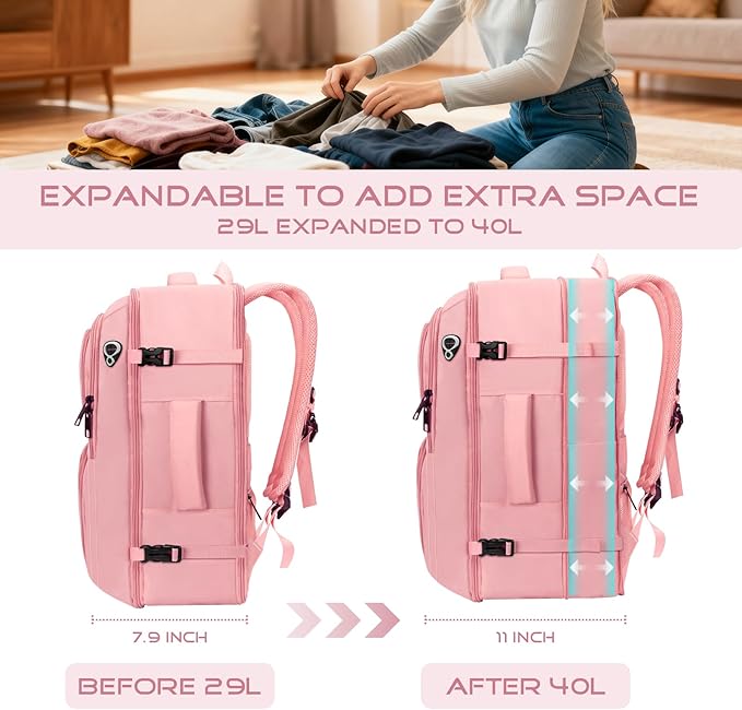 Travel Backpack for Women, 52L Carry On Backpack, Extra Large Expandable Travel Bag, 18.4 Inch TSA Flight Approved Luggage Personal Item Size with USB, Teacher Business Daypack, Pink