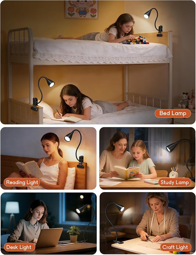 Reading Light for Book in Bed,Clip on Light Reading Lamp with Adapter Black | 5 Color Modes 10 Brightness, Flexible Eye-Caring Clip on Desk Lamp Book Light for Reading in Bed Headboard Bedside Bedroom