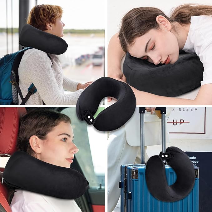 Neck Pillow Airplane Memory Foam Neck Pillow with Velvet Cover Soft Airplane Pillow for Sleeping Neck Support Travel Pillows for Adults Train Bus Office Home Black