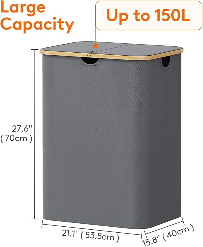 Lifewit 150L Laundry Basket with Lid, Clothes Hampers for Laundry with Bamboo Handles and 2 Removable Bags, Large Foldable Laundry Hamper for Bedroom, Bathroom, Dorm, Grey