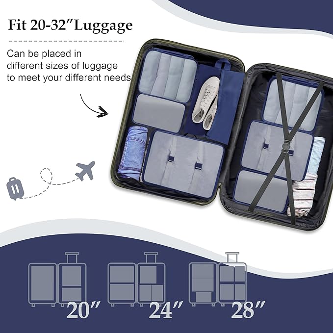 Packing Cubes, 7 Pcs Travel Packing Organizers for Suitcases, Large Capacity Travel Luggage Organizer Set includes 7 Storage Bags, Travel Essentials for Women or Men (Navy)