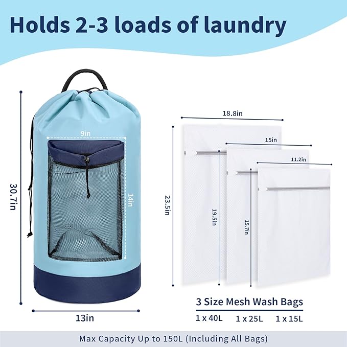 150L Laundry Bag Backpack with 3 Sizes Mesh Wash Bags and Shoulder Straps Foldable Clothes Hamper Bag with Drawstring Closure for College, Apartment, Laundromat (Pale Blue)
