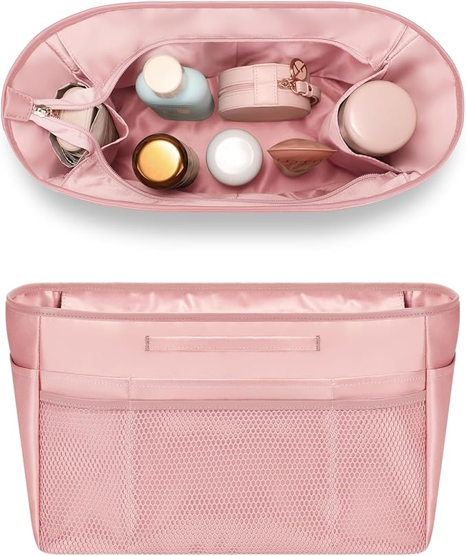 GIVLEFLY Small Purse & Handbag Organizer Insert with Zipper, Multiple Pockets and Handle, Lightweight Bag Divider,Pink