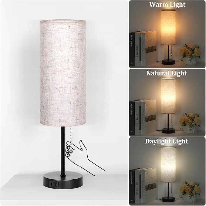 Dott Arts 18" Table Lamp for Bedroom, 3-Color Bedside Lamps with Pull Chain | Bedroom Table Lamps for Nightstand,AC Outlet Small Lamp for Living Room, Bulb Included Flax