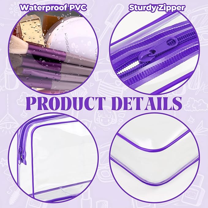 6 Pieces Clear Makeup Bags Bulk TSA Approved Toiletry Bag for Travel PVC Waterproof Clear Cosmetic Pouch with Zipper for Men and Women Carry-on Travel Essentials (Purple)