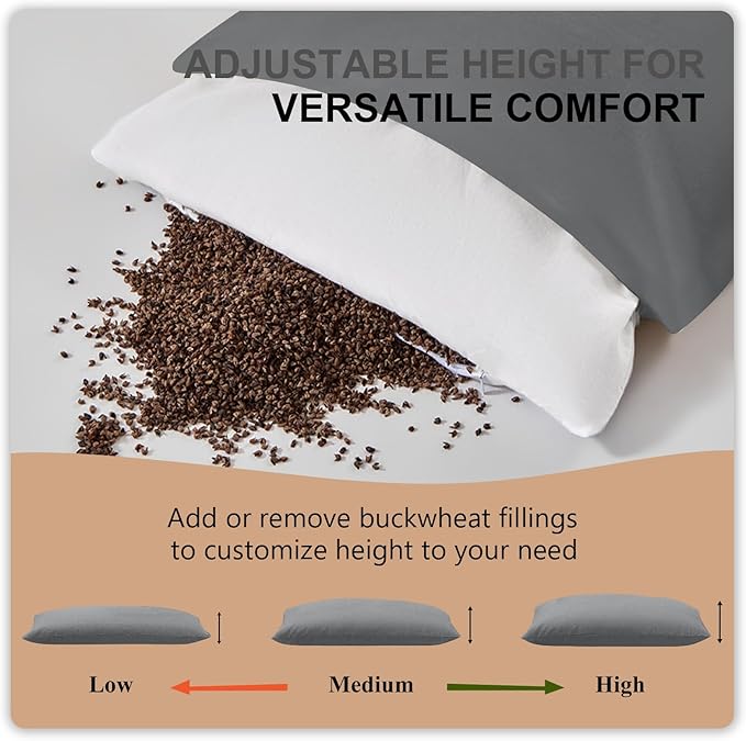 Organic Buckwheat Pillow for Sleeping with Dual-Layer Pillowcase and Extra Tartary Buckwheat Hulls, Adjust Height and Firmness, Neck Support Pillow for Back and Side Sleepers 14"x20", Dark Grey