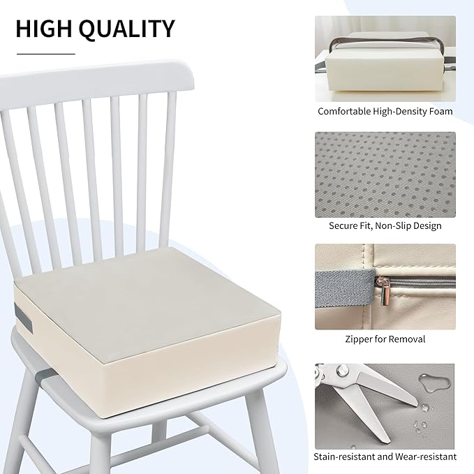 Toddler Booster Seat Dining Table Kitchen Chair, Waterproof Anti-Scratch PU Cushion, Non-Slip Bottom, Adjustable Buckle Straps, Easy Clean Portable Seat Cushion (Grey+White)
